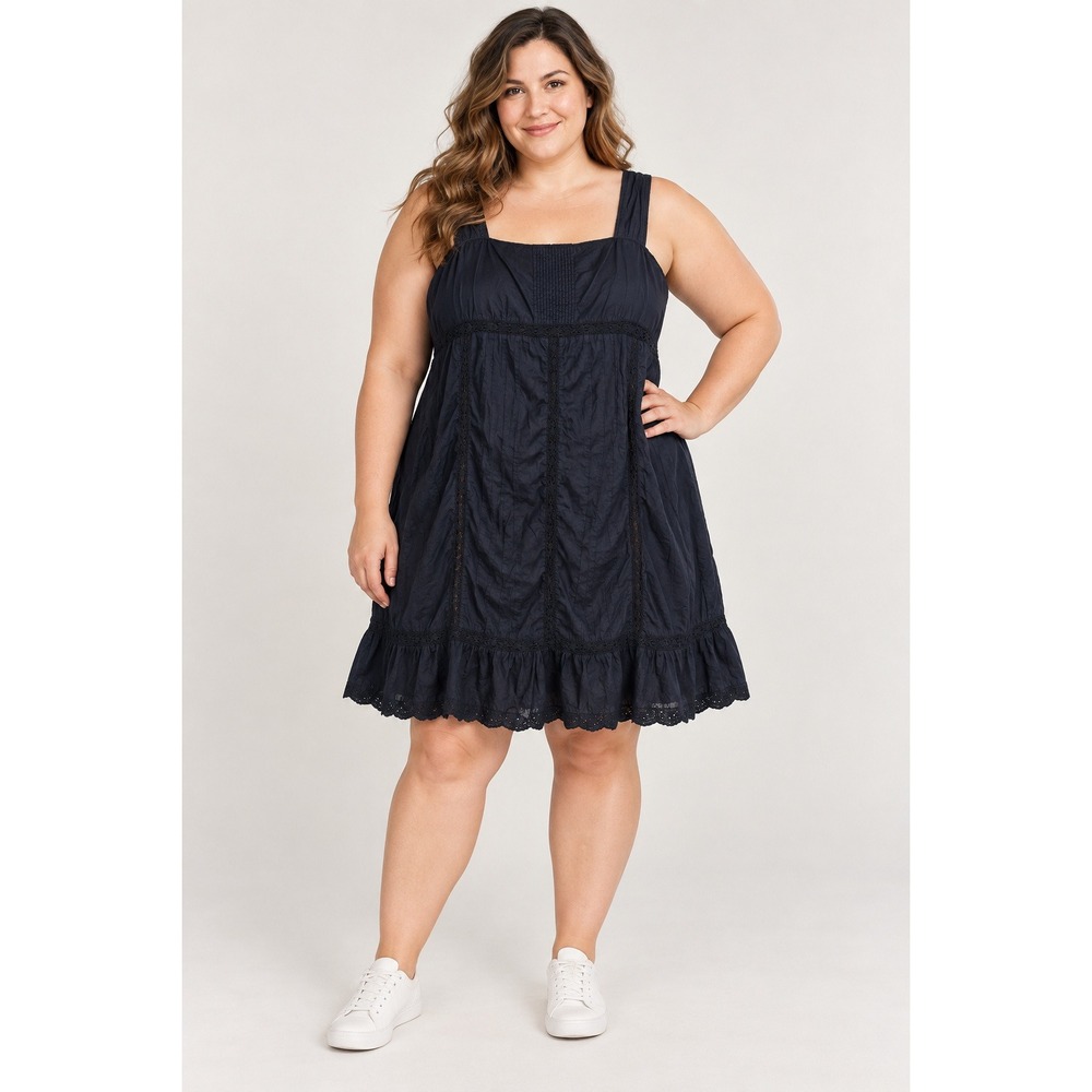 Babydoll Converse One Star Dress Women plus Size 2 Navy Blue Pintuck Lace Mini